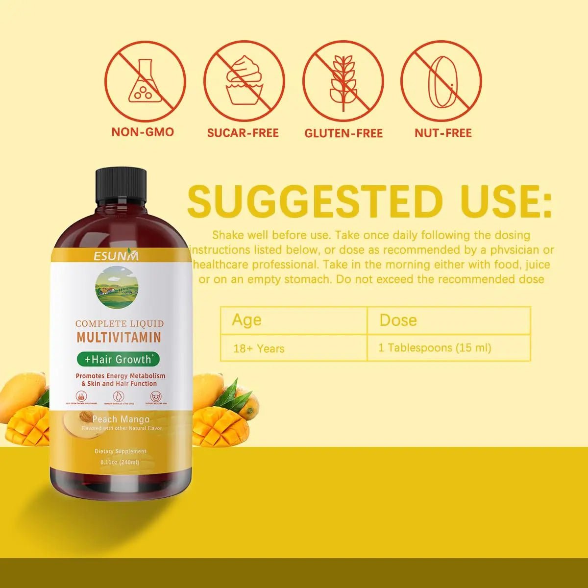 ESUNM Complete Liquid Multivitamin + Hair Growth, Promotes Energy Metabolism& Skin and Hair Function| Vitamin C D | B Vitamins | - PrimeBioHealth - canada supplements