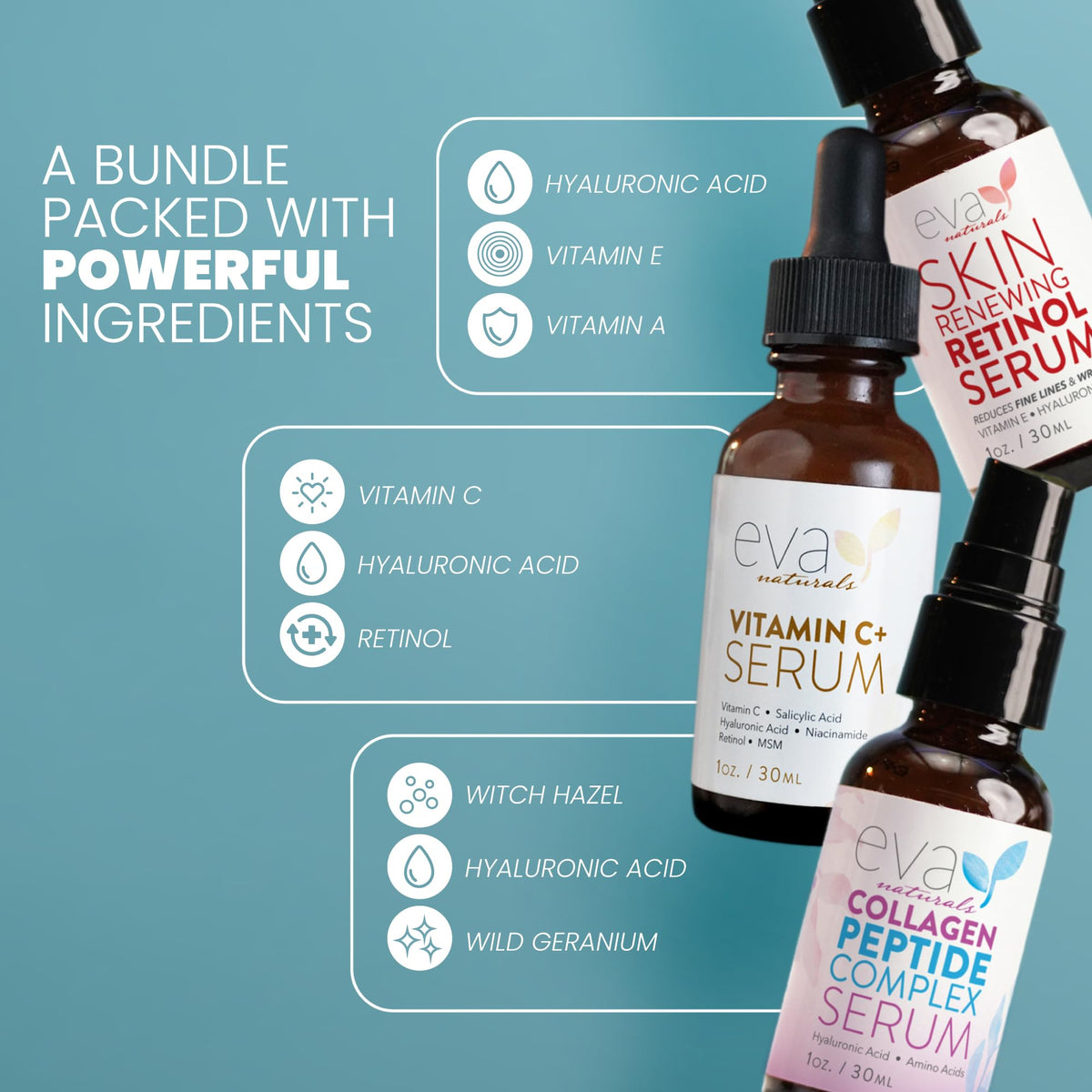 Eva Naturals Trifecta Face Serum Set – Retinol, Vitamin C & Peptides with Hyaluronic Acid & Niacinamide – Anti-Aging Skincare Bundle for Women - PrimeBioHealth - canada supplements