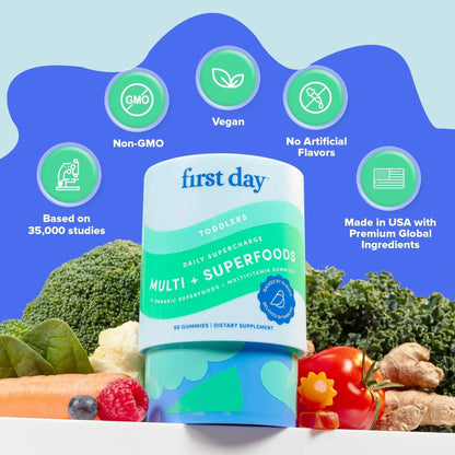 FIRST DAY Toddler Multivitamin Gummies (Ages 2-3)| Kids Multivitamin Gummies with Vitamins A C D3, B2, B12, Choline, Folate and 21 Organic Superfoods| (30 Day Supply) - PrimeBioHealth - canada supplements