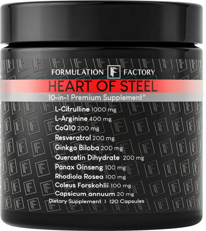 Formulation Factory Heart of Steel - L-Citrulline 1000mg with L-Arginine, CoQ10, Resveratrol, Ginkgo Biloba, Quercetin, Ginseng & Rhodiola - PrimeBioHealth - canada supplements
