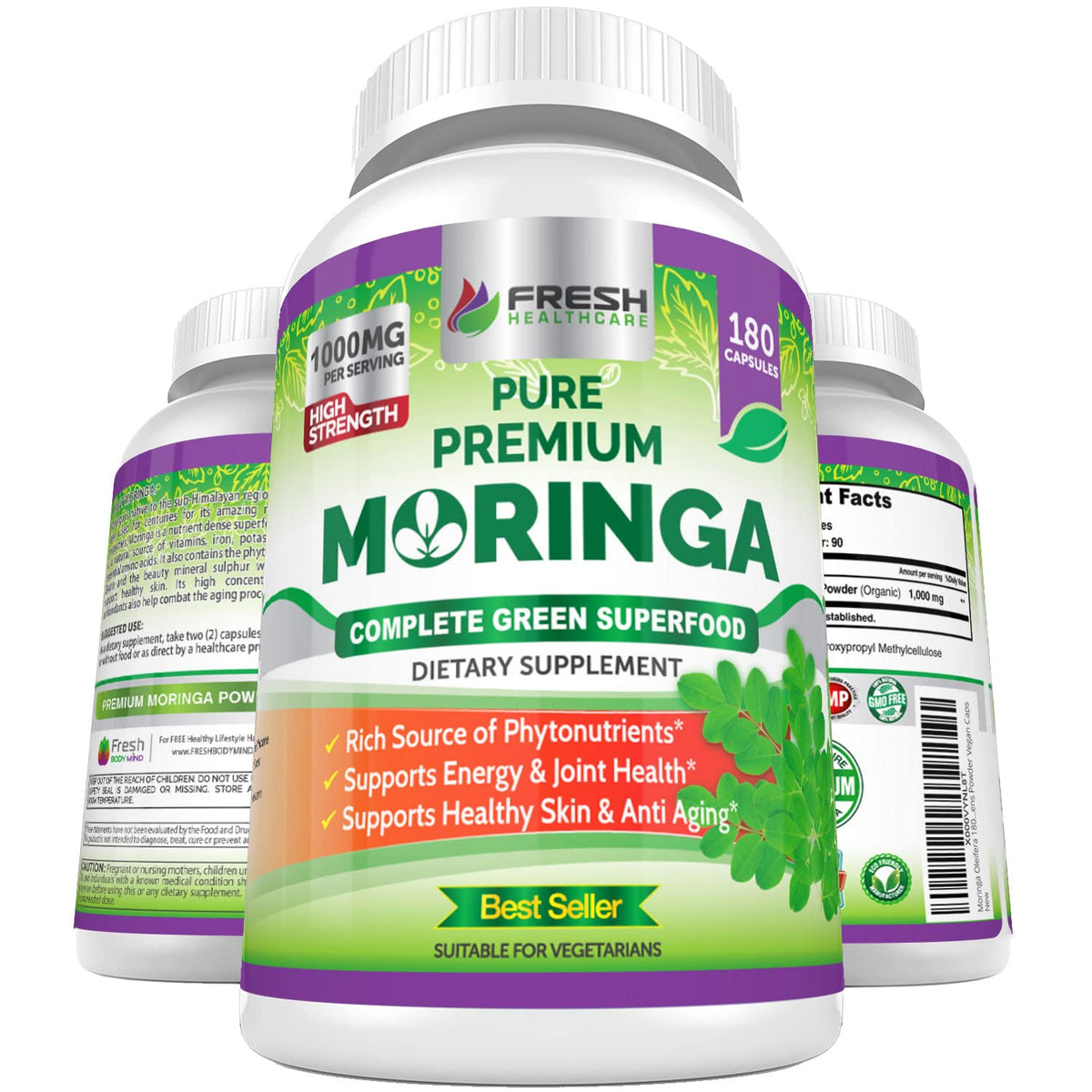FRESH HEALTHCARE Moringa Capsules – 100% Pure Leaf Powder - 180 Pills, Non-GMO - 3 Month Supply - Complete Green Superfood for Energy - PrimeBioHealth - canada supplements