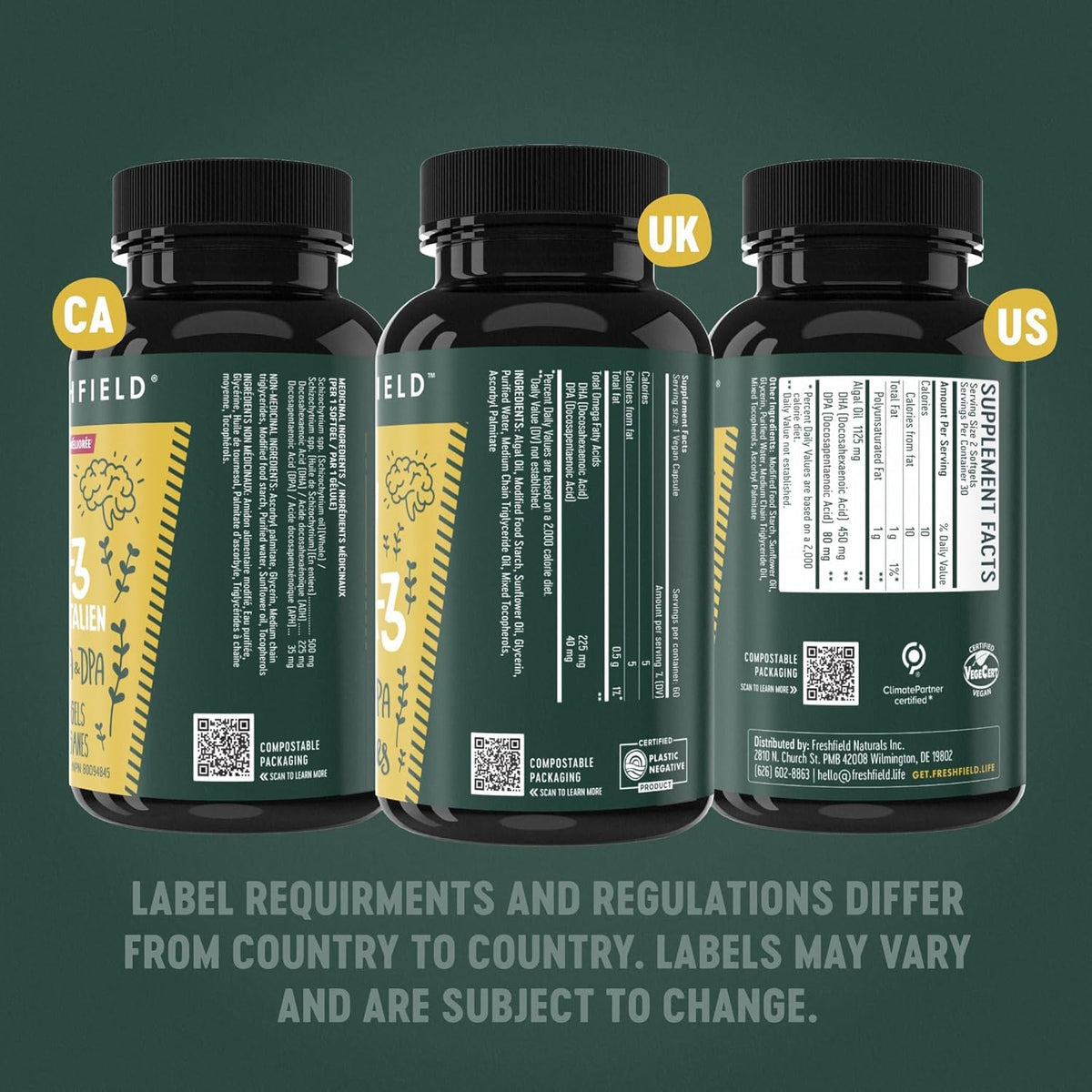 Freshfield Vegan Omega 3, Algae (Algal) Oil, Fish Oil Free Company, Third Party Tested, Carrageenan Free, DHA Supplement w/DPA - PrimeBioHealth - canada supplements