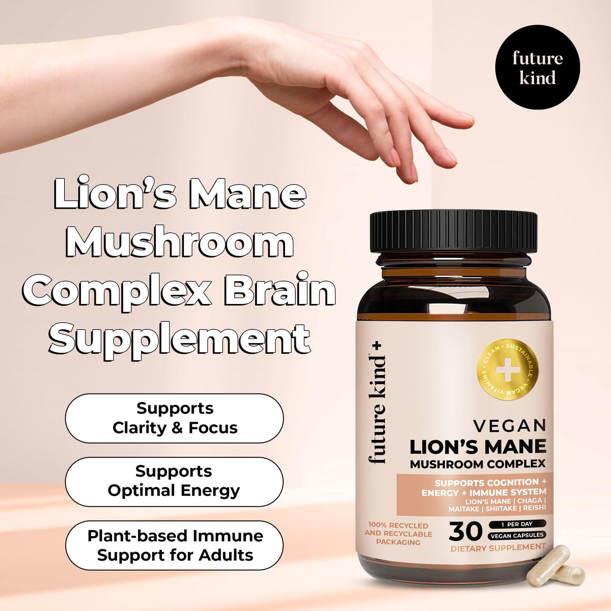 Future Kind Vegan Lion’s Mane Mushroom Complex - Brain Supplement with Chaga, Maitake, Shiitake, & Reishi, Supports Memory and Focus (30ct) - PrimeBioHealth - canada supplements