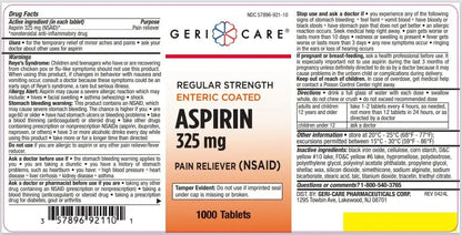 GeriCare Enteric Coated Aspirin Tablets 325mg (1000 Count) NSAID Pain Reliever & Fever Reducer for Adults- Regular Strength Aspirin for Headache Arthritis Menstrual & Muscle Pain - PrimeBioHealth - canada supplements