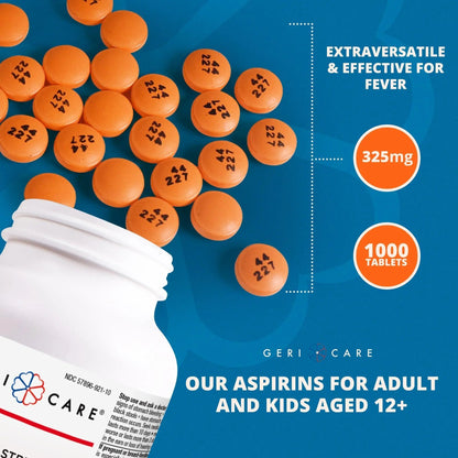 GeriCare Enteric Coated Aspirin Tablets 325mg (1000 Count) NSAID Pain Reliever & Fever Reducer for Adults- Regular Strength Aspirin for Headache Arthritis Menstrual & Muscle Pain - PrimeBioHealth - canada supplements