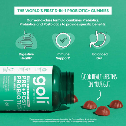 Goli Pre Pro Postbiotic Gummies - Worlds First 3-in-1 Formula with DE111 Probiotics, XOS Prebiotics, MCC1849 Postbiotics - Vegan, Non-GMO, - PrimeBioHealth - canada supplements