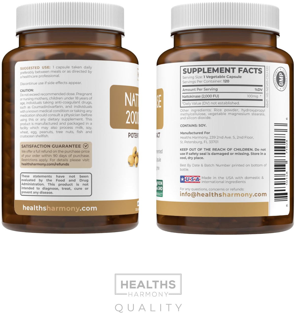 Healths Harmony Nattokinase 2000 FU (Non-GMO) Powerful Nattokinase Supplement Made from Naturally Fermented Soybeans - (4 Month Supply) 120 Vegan Natto Capsules - PrimeBioHealth - canada supplements