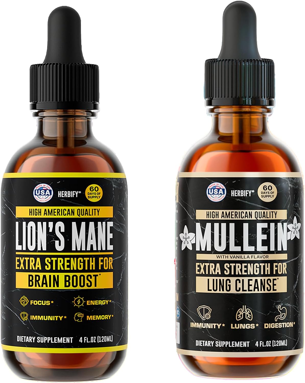 HERBIFY Bundle - Lions Mane & Mullein Vanilla 4 Fl Oz Drops - Supplement for Memory, Focus & Clarity & Immune Support, Lung Cleanse and Bronchial Support - PrimeBioHealth - canada supplements