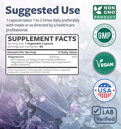High Absorption Magnesium Bisglycinate Capsules - Clinically Validated Buffered and Chelated Magnesium Supplement - 1 Daily Vegan Capsule with Lab Verified Gentle 200mg Serving (4 Month Supply) - PrimeBioHealth - canada supplements