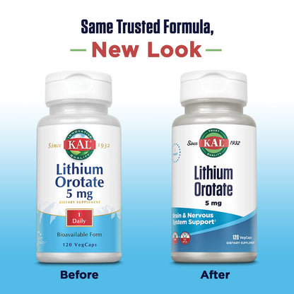 KAL Lithium Orotate 5 milligrams | Low Serving Of Chelated Lithium Orotate For Bioavailability and Mood Support | In Organic Rice Bran Extract Base | 120 VegCaps - PrimeBioHealth - canada supplements