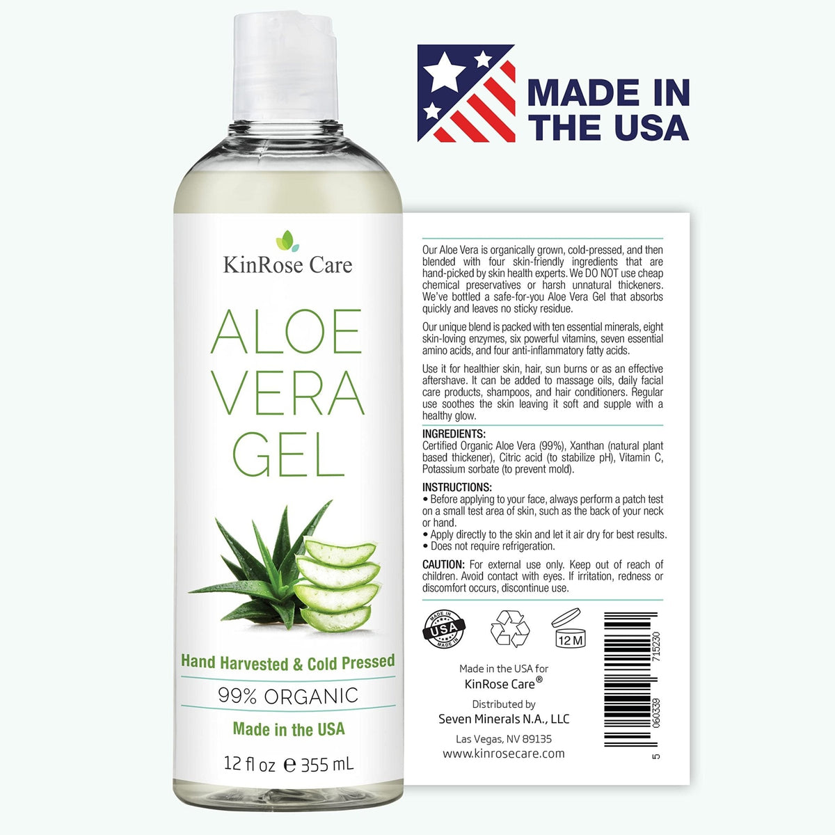 KinRose Care, 12oz Organic Aloe Vera Gel for Face, Skin, Hair & Sunburn Relief - From 100 Percent Pure Aloe Vera - PrimeBioHealth - canada supplements