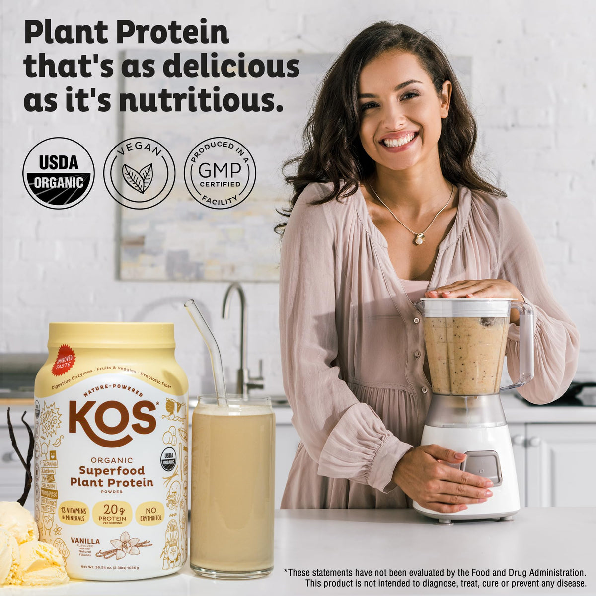 KOS Vegan Protein Powder Erythritol Free, Vanilla USDA Organic - Pea Protein Blend, Plant Based Superfood Rich in Vitamins & Minerals - Keto, Dairy Free - Meal Replacement for Women & Men, 28 Servings - PrimeBioHealth - canada supplements