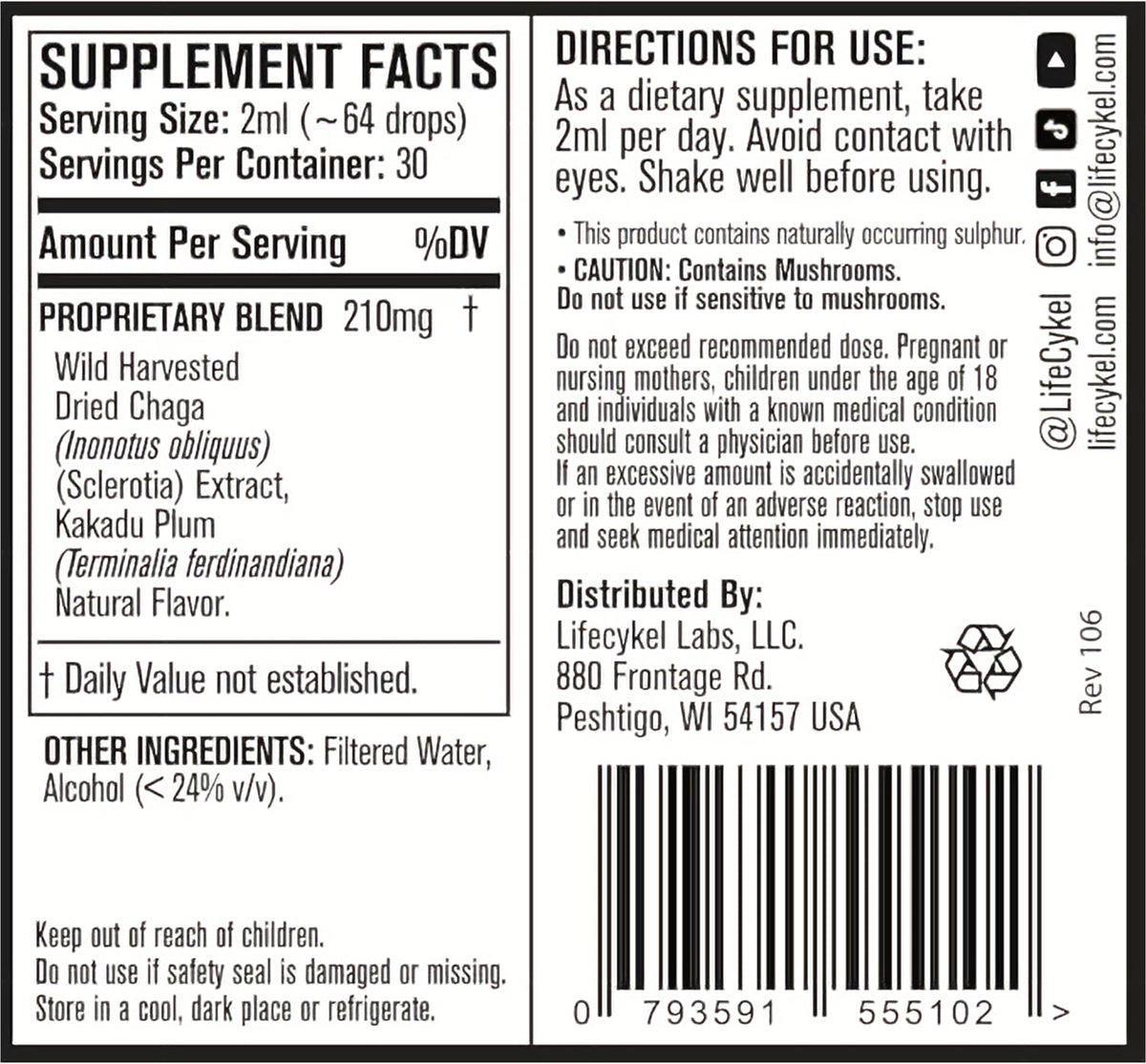 Life Cykel - Chaga Mushroom Extract with Kakadu Plum - Double Extracted Mushroom Tincture - Non-GMO Immune Support Supplement for Adults and Kids - 1 Fl Oz - PrimeBioHealth - canada supplements