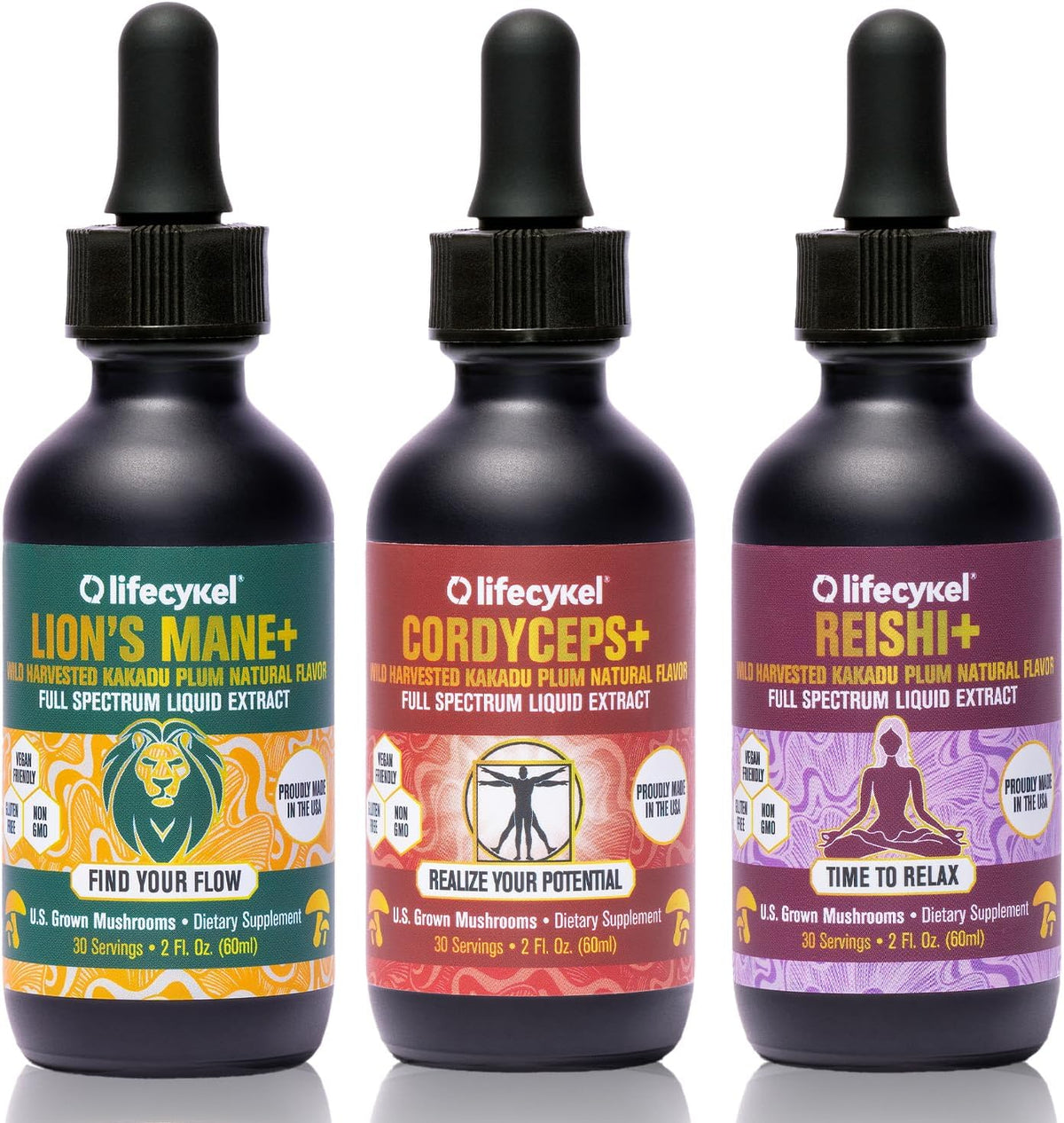 Life Cykel Professional Athletes Pack - Reishi, Lion's Mane & Cordyceps Mushroom Extract- Full-Spectrum Mushroom Tincture for Energy, Focus and Immune Health- Vegan, Non-GMO Formula - PrimeBioHealth - canada supplements