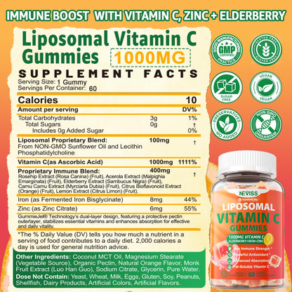 Liposomal Vitamin C 1000mg Gummies for Adults - Vitamin C Chewable with Elderberry, Zinc & 8mg Iron, Sugar Free Vit C Supplements, Daily Immune Support Gummies for Energy, Collagen Booster 60 Counts - PrimeBioHealth - canada supplements