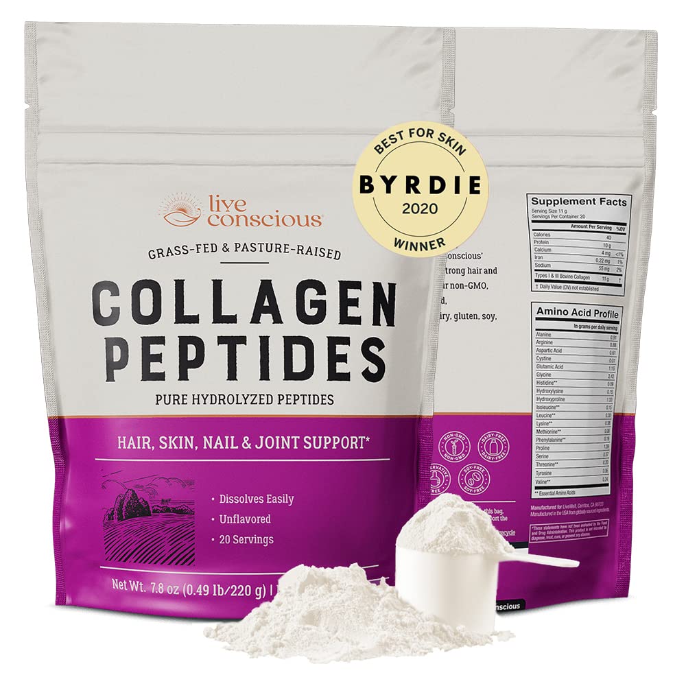 Live Conscious Collagen Powder Hydrolyzed Collagen Peptides Type I & III - Keto & Paleo Friendly - Unflavored - 20 Servings, 7.8 oz - PrimeBioHealth - canada supplements