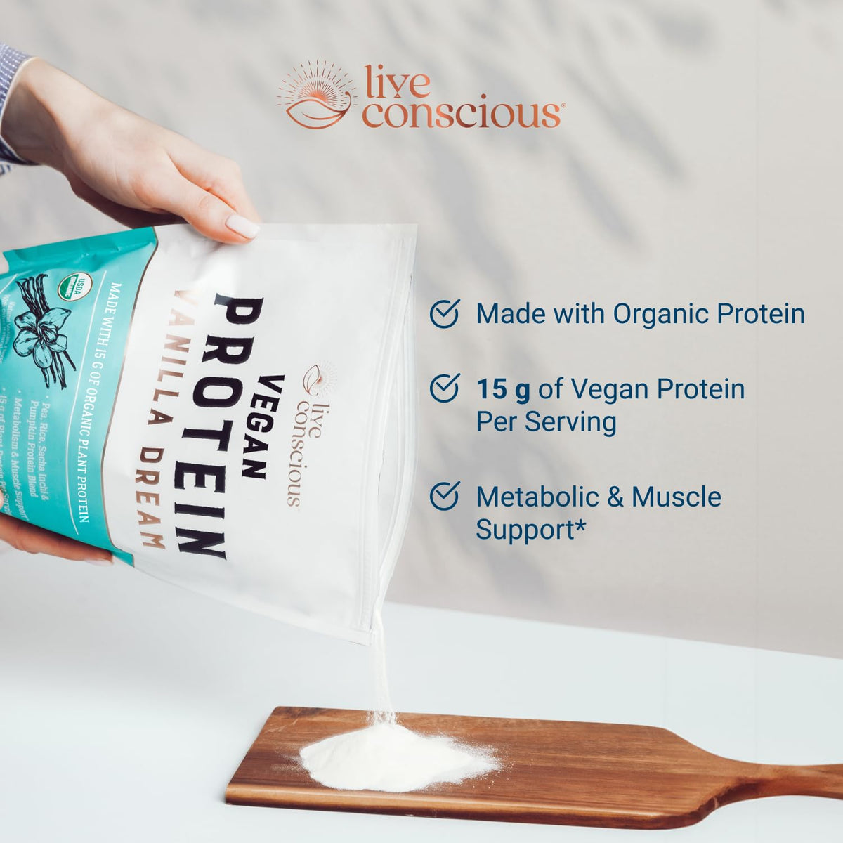 Live Conscious Cosmic Cacao - Organic Vegan Protein Powder, Chocolate Flavor, Plant-Based Blend - Pea Protein, Brown Rice, Pumpkin, Sacha Inchi - 20 Servings, 17 oz - PrimeBioHealth - canada supplements