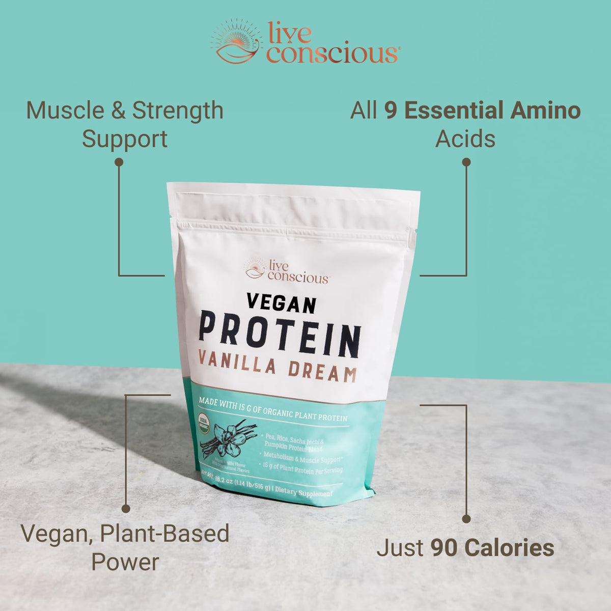 Live Conscious Cosmic Cacao - Organic Vegan Protein Powder, Chocolate Flavor, Plant-Based Blend - Pea Protein, Brown Rice, Pumpkin, Sacha Inchi - 20 Servings, 17 oz - PrimeBioHealth - canada supplements