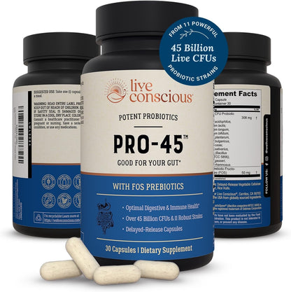 Live Conscious PRO45 Probiotics for Women & Men: Comprehensive Formula, 45 Billion CFU, 11 Strains, Dairy Free - w/Prebiotics and Probiotics - Promotes Immune & Gut Health - 30 Veggie Caps - PrimeBioHealth - canada supplements