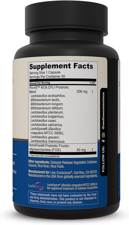 Live Conscious PRO45 Probiotics for Women & Men: Comprehensive Formula, 45 Billion CFU, 11 Strains, Dairy Free - w/Prebiotics and Probiotics - Promotes Immune & Gut Health - 30 Veggie Caps - PrimeBioHealth - canada supplements