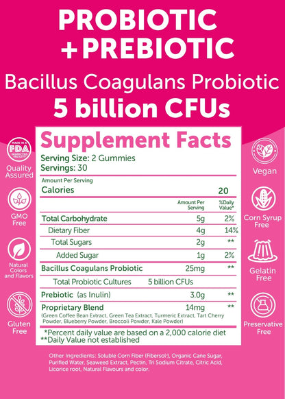 Lunakai USA Made Prebiotic + Probiotic Gummies for Women and Men - High Potency 5 Billion CFUs with Fibers - PrimeBioHealth - canada supplements