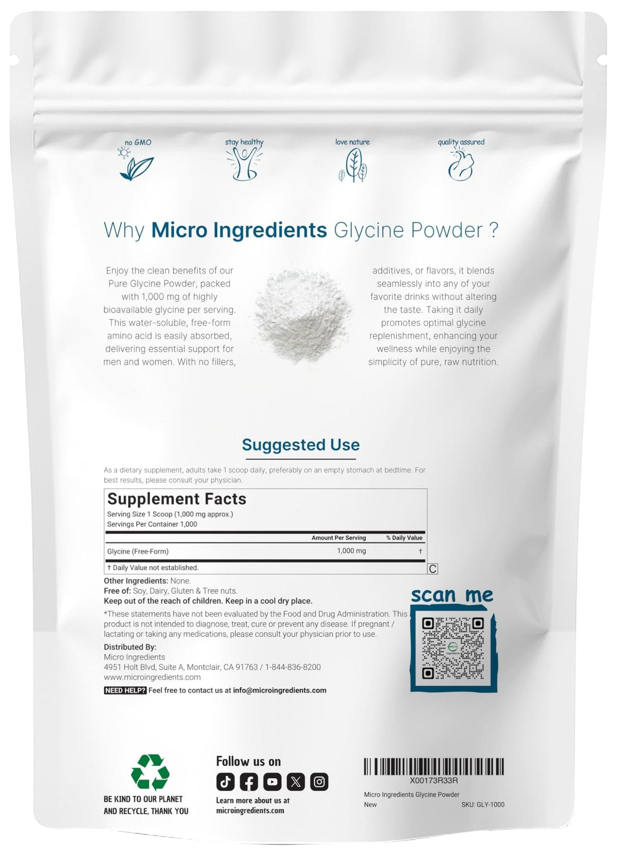 Micro Ingredients Glycine Powder, 1KG (2.2 Pounds), Glycine 1000mg Per Serving, Water Soluble and Products of USA - PrimeBioHealth - canada supplements