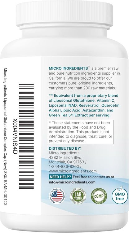 Micro Ingredients Liposomal Reduced Glutathione Complex 3,000mg - 8‑in‑1 Advanced Glutathione Supplement with NAD, Resveratrol, Quercetin, Alpha Lipoic Acid & Vitamin C - 120 Vegetarian Caps - PrimeBioHealth - canada supplements