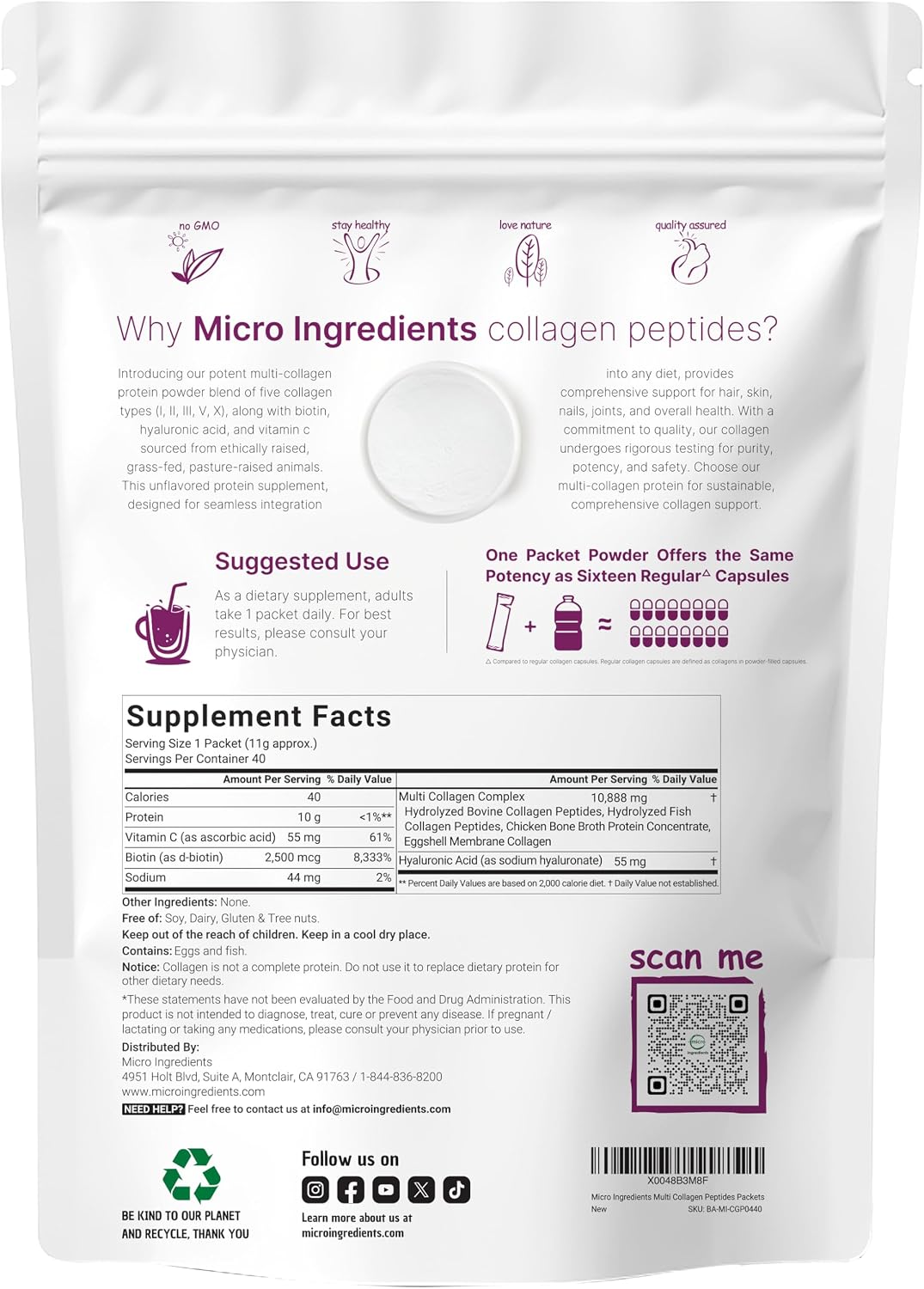 Micro Ingredients Multi Collagen Peptides Powder, 40 Stick Packs | Type I, II, III, V, X + Biotin, Vitamin C & Hyaluronic Acid | Unflavored | Supports Hair, Skin & Joint Health | Keto, Non-GMO - PrimeBioHealth - canada supplements