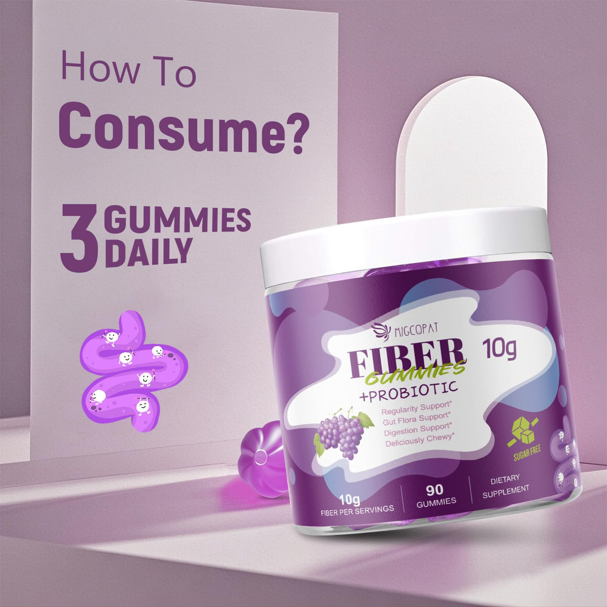 Migcopat 10G Fiber Gummies for Adults, No Sugar Added Grape Flavor, Fiber Supplement with 30 Billion CFU Probiotics Blend, ACV, Vitamin C, - PrimeBioHealth - canada supplements