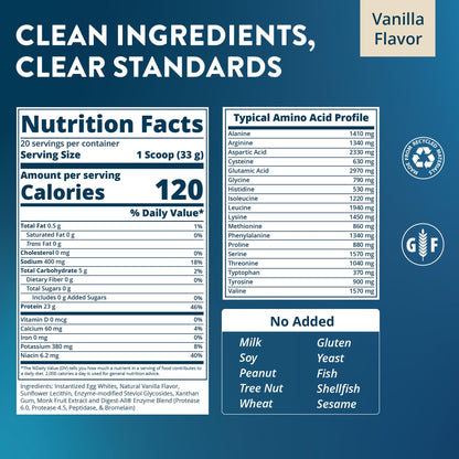 MRM Nutrition Egg White Protein - Sugar Free Vanilla Flavored Powder, 23g Fat-Free Protein with Digestive Enzymes, Free of Dairy, Gluten, and Soy, High Biological Value - 20 Servings - PrimeBioHealth - canada supplements