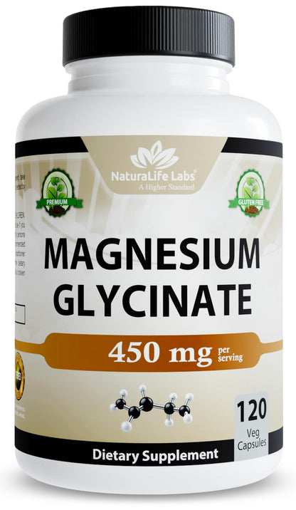 NaturaLife Labs Magnesium Glycinate - 450 mg per Serving – 120 Vegan Capsules - Non-GMO, Gluten-Free, Vegan - PrimeBioHealth - canada supplements