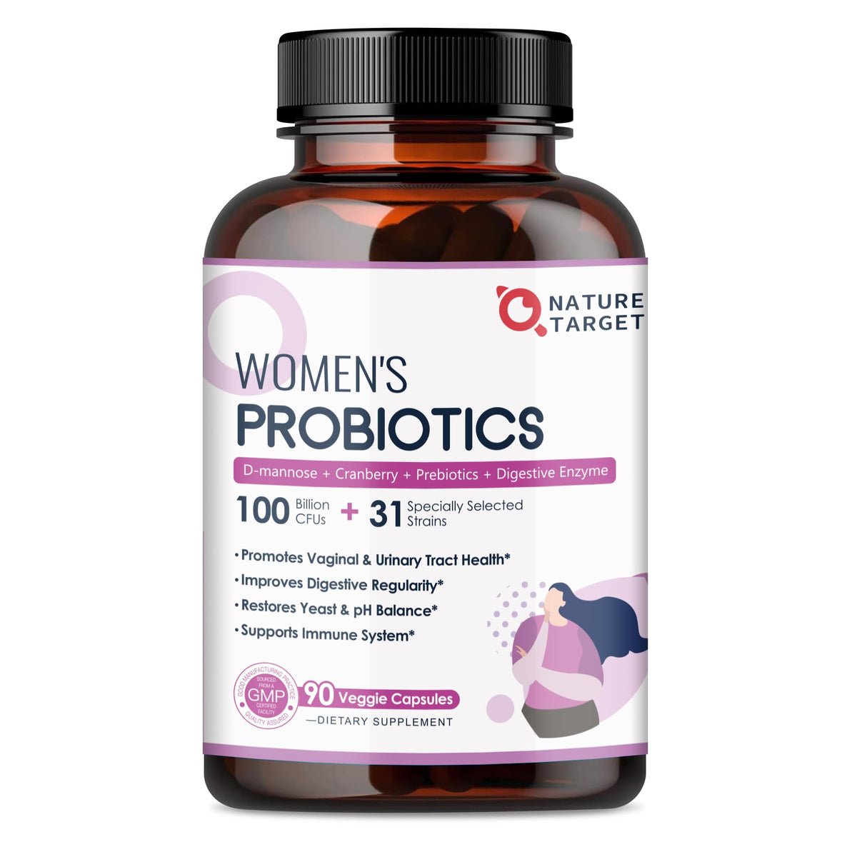 NATURE TARGET Probiotics for Women, 100 Billion CFUs Probiotic with Digestive Enzymes & Prebiotics, Vaginal Probiotics with Cranberry for Urinary Tract Health - PrimeBioHealth - canada supplements