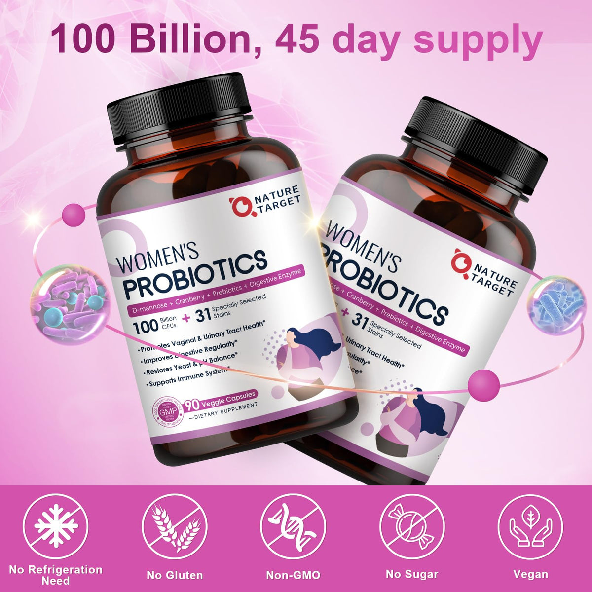 NATURE TARGET Probiotics for Women, 100 Billion CFUs Probiotic with Digestive Enzymes & Prebiotics, Vaginal Probiotics with Cranberry for Urinary Tract Health - PrimeBioHealth - canada supplements