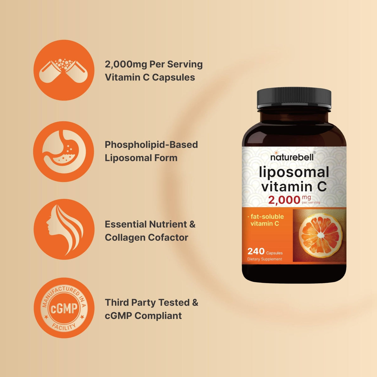 NatureBell Liposomal Vitamin C 2,000mg Per Serving, 240 Capsules | Fat-Soluble Vitamin C – Daily Vitamin Supplement for Men & Women – Non-GMO, Gluten Free - PrimeBioHealth - canada supplements