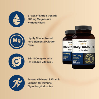 NatureBell Pure Magnesium Citrate 500mg per 3 Capsules Serving Size, 240 Capsules per Bottle | High-Purity Elemental Form | Non-GMO, Gluten-Free - PrimeBioHealth - canada supplements