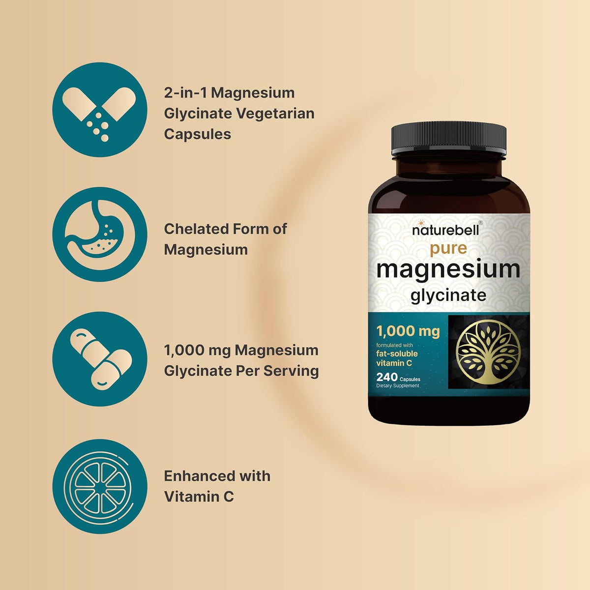 NatureBell Pure Magnesium Glycinate 1,000 mg, 240 Vegetarian Capsules | 1,000 mg Magnesium Glycinate Per Serving - Chelated Magnesium Form with Vitamin C – Non-GMO, Filler Free, cGMP Manufactured - PrimeBioHealth - canada supplements