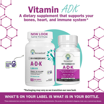 NatureGenX ADK Vitamin Supplement – Vitamins A, D3 & K2 MK-7 for Bone Health & Calcium Absorption – Gluten-Free, Non-GMO, Soy-Free - PrimeBioHealth - canada supplements