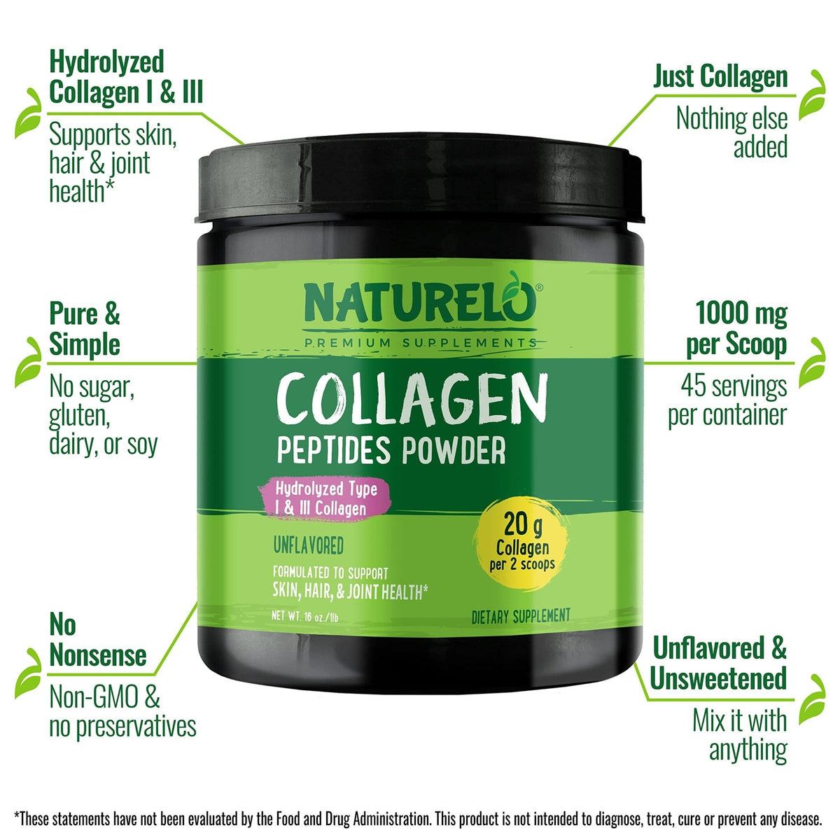 NATURELO Collagen Peptide Powder, Hydrolyzed Collagen Type I & III, Skin Hair & Joint Health - Unflavored, 16 Ounces | 45 Servings - PrimeBioHealth - canada supplements