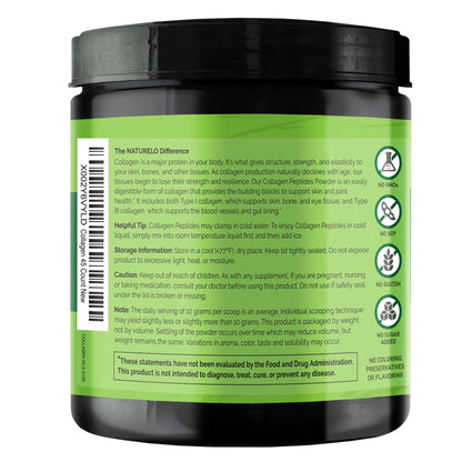 NATURELO Collagen Peptide Powder, Hydrolyzed Collagen Type I & III, Skin Hair & Joint Health - Unflavored, 16 Ounces | 45 Servings - PrimeBioHealth - canada supplements