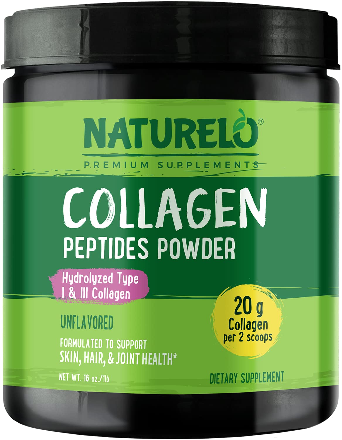 NATURELO Collagen Peptide Powder, Hydrolyzed Collagen Type I & III, Skin Hair & Joint Health - Unflavored, 16 Ounces | 45 Servings - PrimeBioHealth - canada supplements