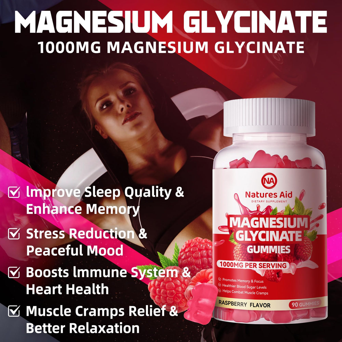 Natures Aid Magnesium Glycinate Gummies 1000mg - Sugar Free Magnesium Potassium Supplement with Vitamin D, B6, CoQ10 for Calm Mood - PrimeBioHealth - canada supplements