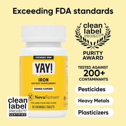 NovaFerrum Yay | Chewable Iron Supplement for Kids & Adults Ages 4 and Over | 18mg of Iron | 90 Servings | Sugar Free - PrimeBioHealth - canada supplements