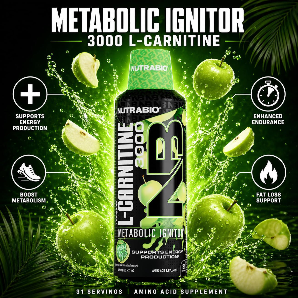 NutraBio – L-Carnitine Liquid Shots – 3000mg, (Green Apple) – 10mg of Vitamin B-5 – Zero Carbs & Sugars – Energy Production – Muscle Recovery - PrimeBioHealth - canada supplements