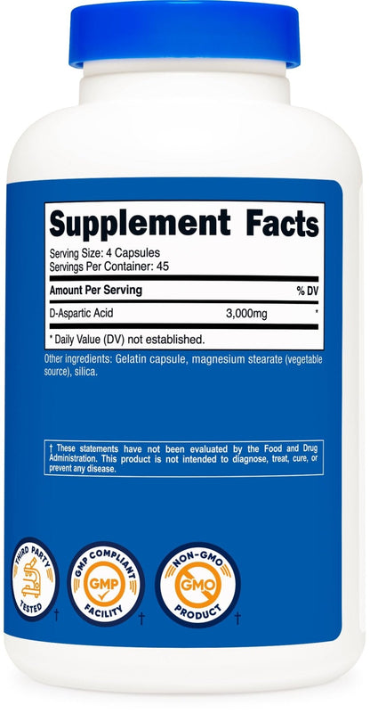 Nutricost D-Aspartic Acid (DAA) Capsules 3000mg Per Serving (180 Capsules) - Non-GMO - PrimeBioHealth - canada supplements