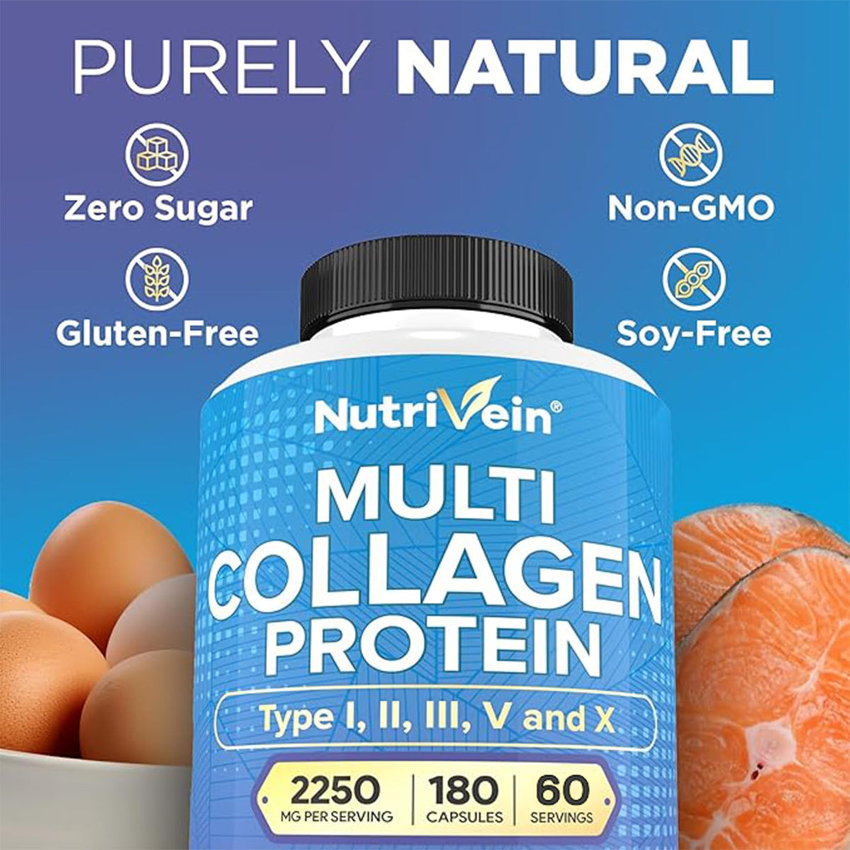 Nutrivein Premium Multi Collagen Pills 2250 mg - 180 Easy-to-Swallow Collagen Capsules: Type I, II, III, V, X Hydrolyzed Protein Peptides for Women and Men - PrimeBioHealth - canada supplements