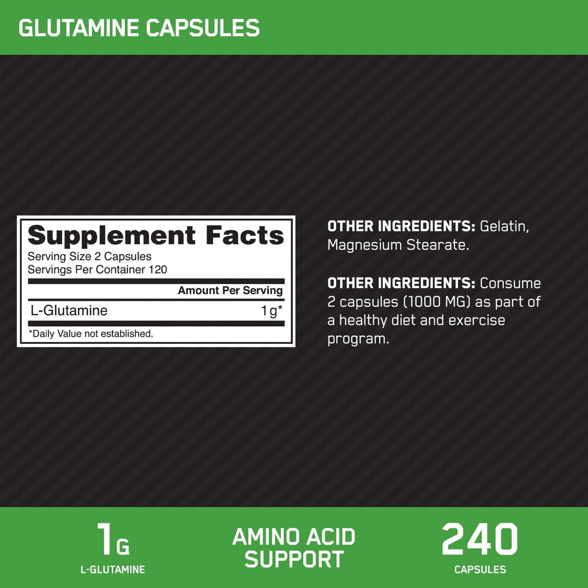 Optimum Nutrition L-Glutamine Muscle Recovery Capsules, 1000mg, 240 Count (Package May Vary) - PrimeBioHealth - canada supplements