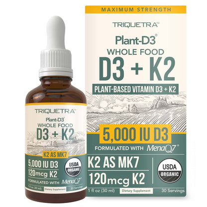 Organic Plant D3 + K2 | 5000 iu D3 + 120 mcg K2 as All-Trans MK7 from MenaQ7® - 100% Whole Food, Raw & Vegan | Enhanced Digestion with Prebiotic & Superfood Complex – D3 from Organic Algae (60 Count) - PrimeBioHealth - canada supplements