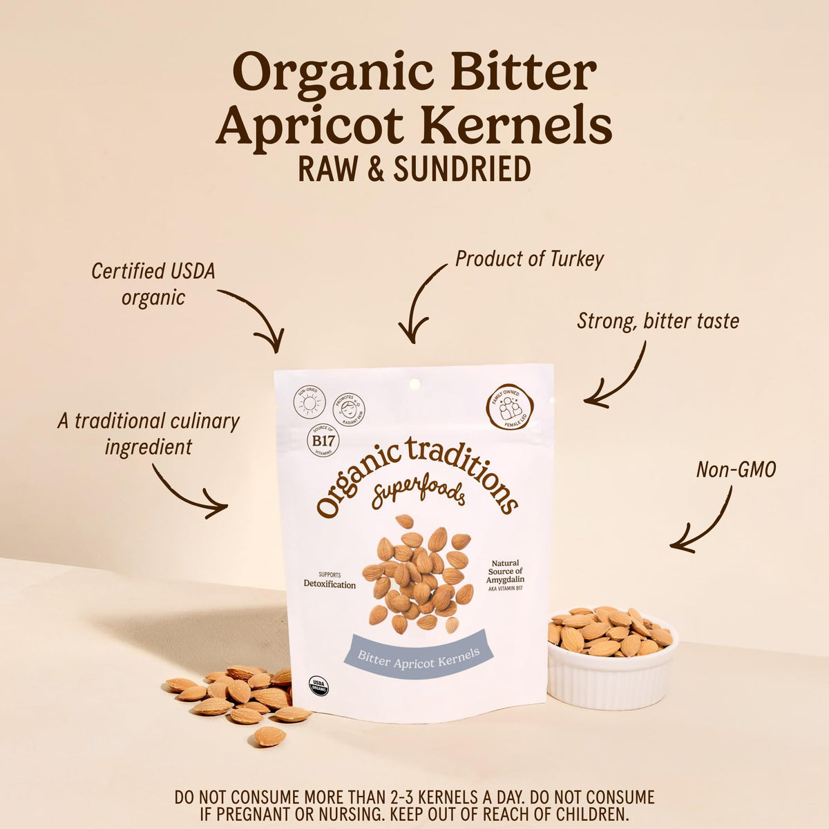 Organic Traditions Apricot Kernels, Organic Apricot Seeds, Sundried Sweet and Bitter Taste, Vegan, Source of Vitamin B17, Non GMO, Whole Foods Delivery, Plant Based for Snacking and Blending, 8 oz - PrimeBioHealth - canada supplements