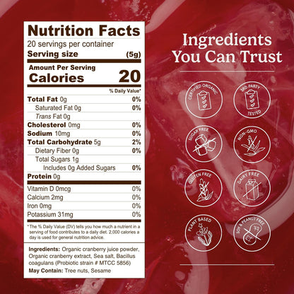 Organic Traditions Cranberry Powder, Organic Cranberry Juice Powder with Cranberries and Probiotics, No Added Sugar, Plant-Based Powder for Smoothies and Recipes, Vegan Non-GMO, 100g / 3.5oz Bag - PrimeBioHealth - canada supplements