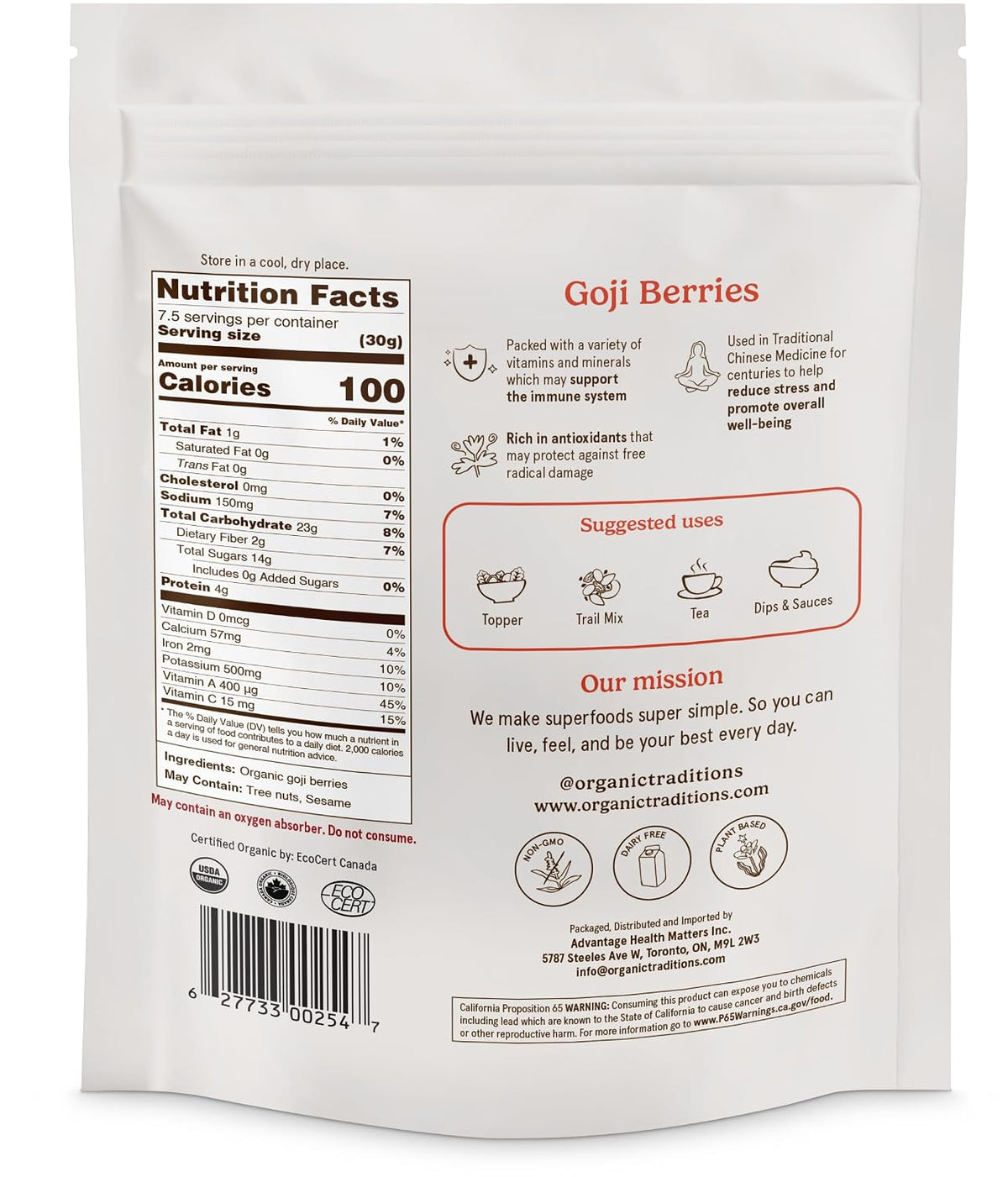 Organic Traditions Goji Berries, Organic Dried Whole Superfruit, Naturally Sweet Berry Flavor With Vitamins, Minerals And Antioxidants, Superfood and Snack For Tea,And Everyday Recipes, 227g / 8oz - PrimeBioHealth - canada supplements